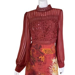 HAUTE MONDE Brown Orange Bohemian Boho Lace Blouse